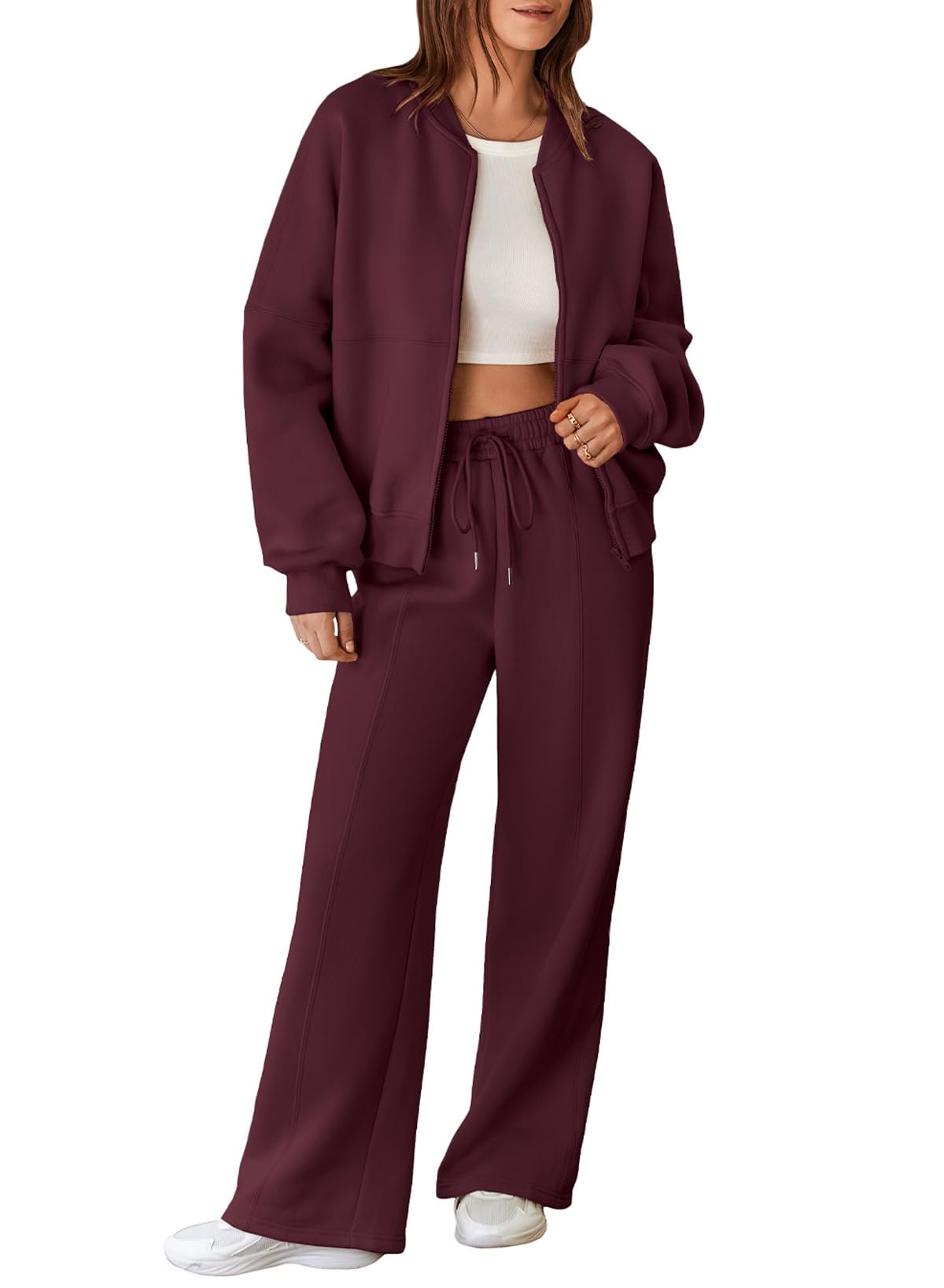 Aleumdr Women's 2 Piece Outfits Oversized Fleece Sweatsuit Zip Up Long Sleeve Sweatshirt with Wide Leg Sweatpants