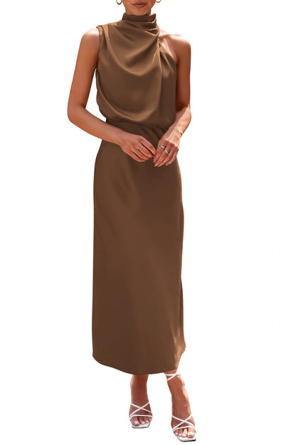PRETTYGARDEN Women's 2025 Summer Satin Dress Elegant Sleeveless Mock Neck Cocktail Party Maxi Dresses