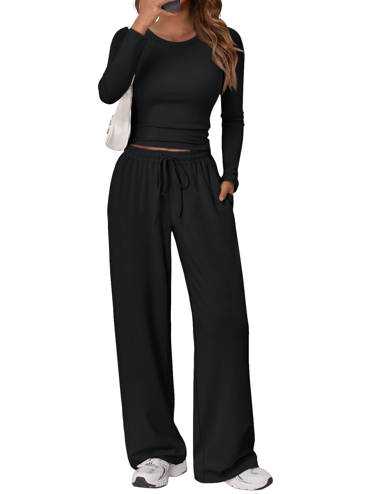 Trendy Queen Women's 2 Piece Matching Lounge Set Long Sleeve Slightly Crop Top Wide Leg Pants Casual Sweatsuit
