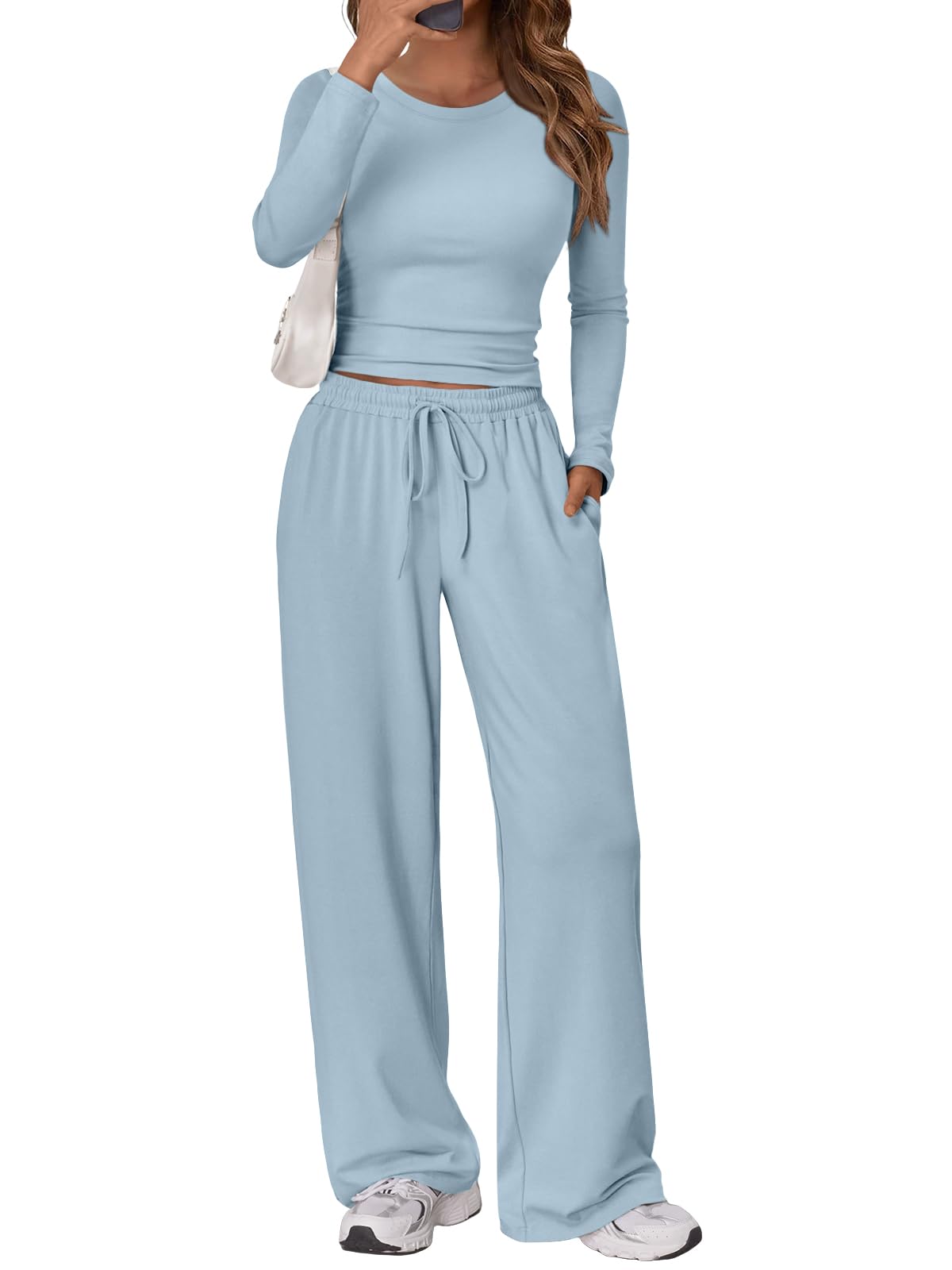 Trendy Queen Women's 2 Piece Matching Lounge Set Long Sleeve Slightly Crop Top Wide Leg Pants Casual Sweatsuit