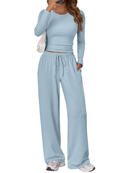 Trendy Queen Women's 2 Piece Matching Lounge Set Long Sleeve Slightly Crop Top Wide Leg Pants Casual Sweatsuit