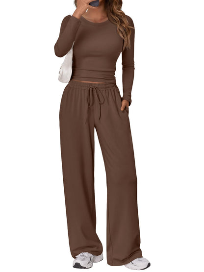 Trendy Queen Women's 2 Piece Matching Lounge Set Long Sleeve Slightly Crop Top Wide Leg Pants Casual Sweatsuit
