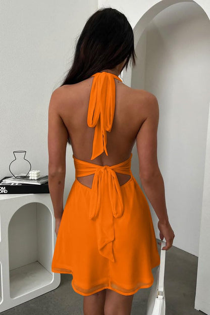GOKATOSAU Women's Halter Deep V Neck Flowy Chiffon Bow Tie Backless Summer Mini Dress