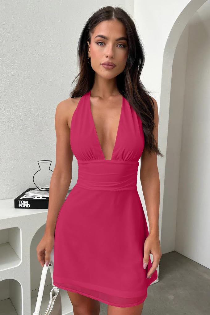 GOKATOSAU Women's Halter Deep V Neck Flowy Chiffon Bow Tie Backless Summer Mini Dress