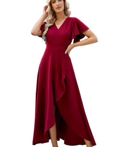 Long Black Formal Dresses for Women Gowns Evening Party Cocktail Dress,Split Elegant V Neck Wrap Ruffle Wedding Guest Dresses