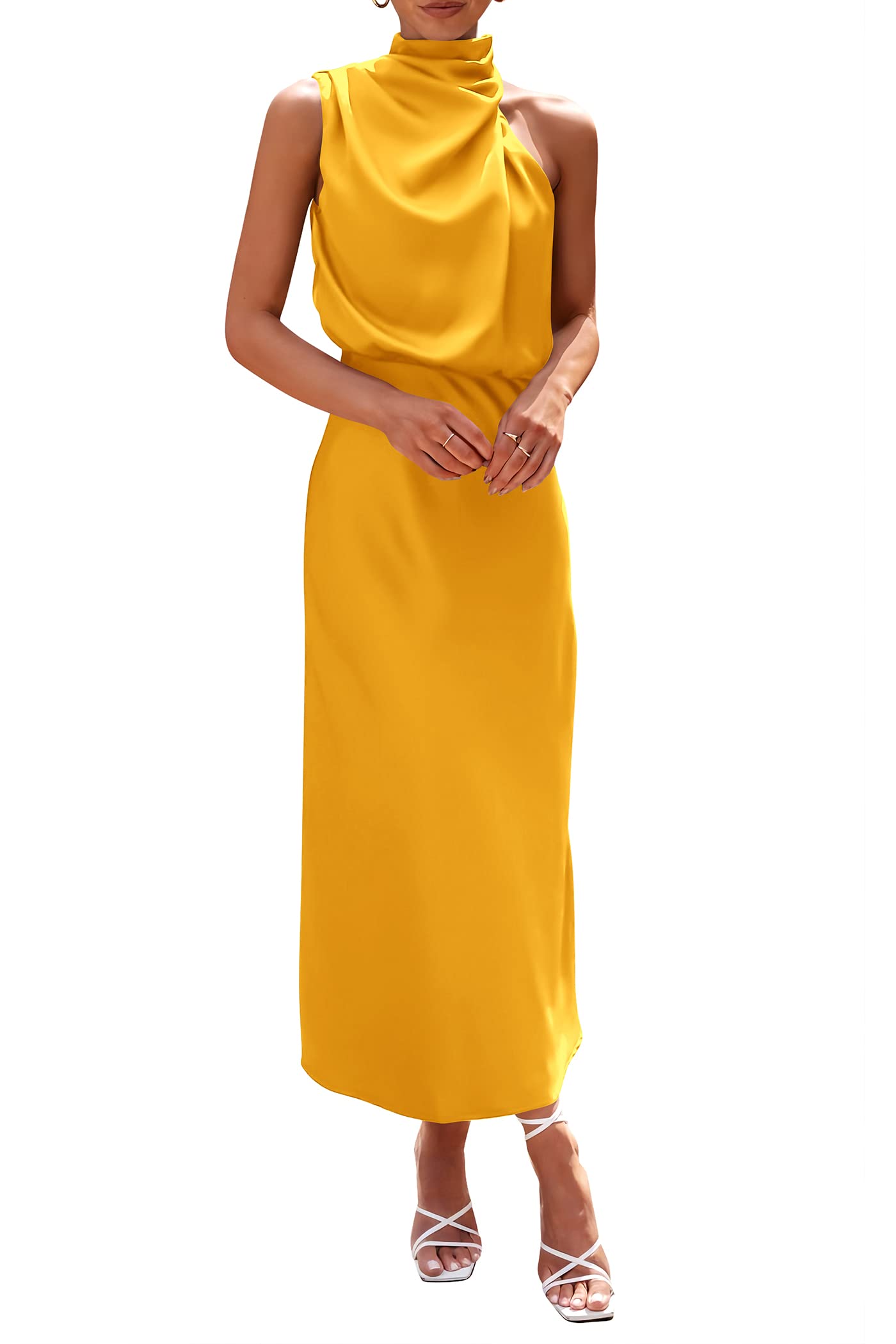 PRETTYGARDEN Women's 2025 Summer Satin Dress Elegant Sleeveless Mock Neck Cocktail Party Maxi Dresses