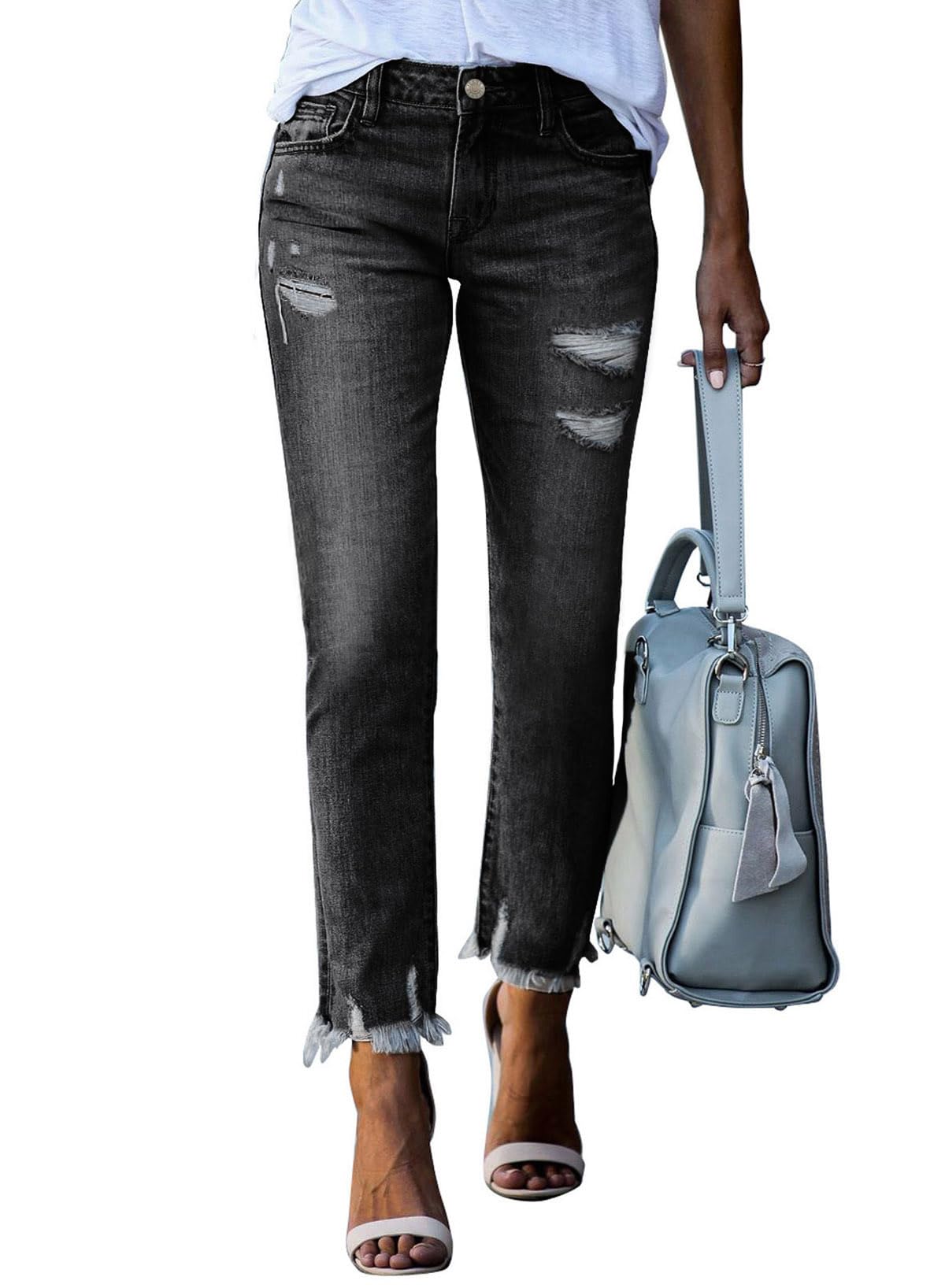 Sidefeel Women's Ripped Jeans Straight Leg Distressed Boyfriend Denim Pants
