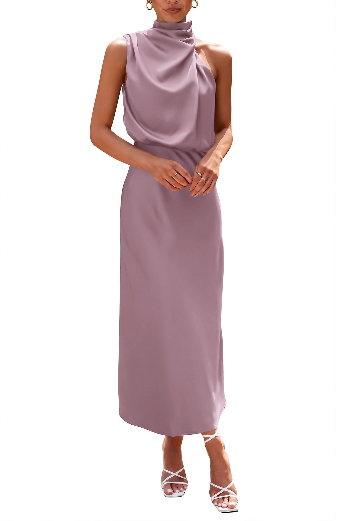 PRETTYGARDEN Women's 2025 Summer Satin Dress Elegant Sleeveless Mock Neck Cocktail Party Maxi Dresses
