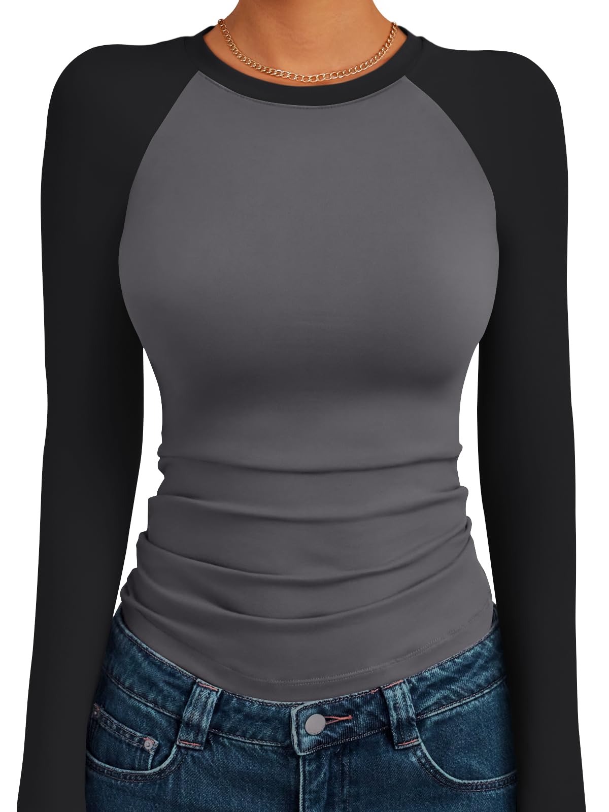Trendy Queen Women's Long Sleeve Shirts Slim Fit Stretchy Color Block Slightly Cropped Tops