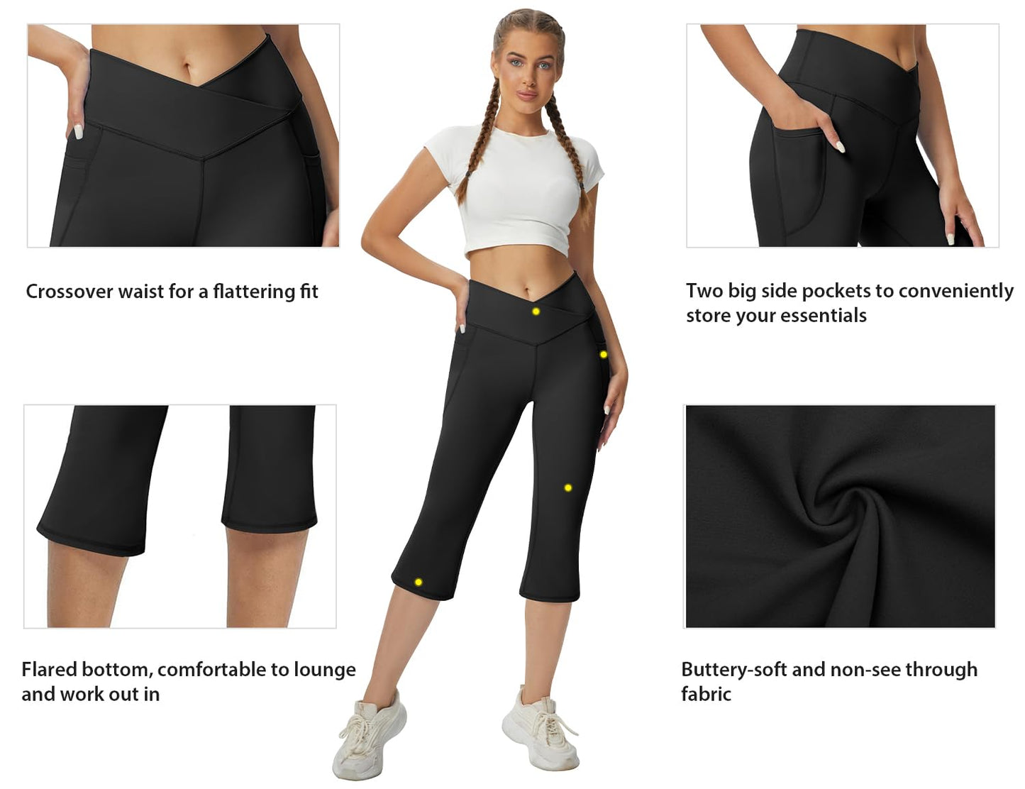 Women's Flare Leggings with Pockets-Crossover High Waisted Bootcut Yoga Pants-Tummy Control Bell Bottom Leggings