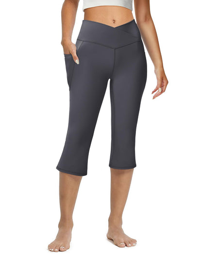 Women's Flare Leggings with Pockets-Crossover High Waisted Bootcut Yoga Pants-Tummy Control Bell Bottom Leggings