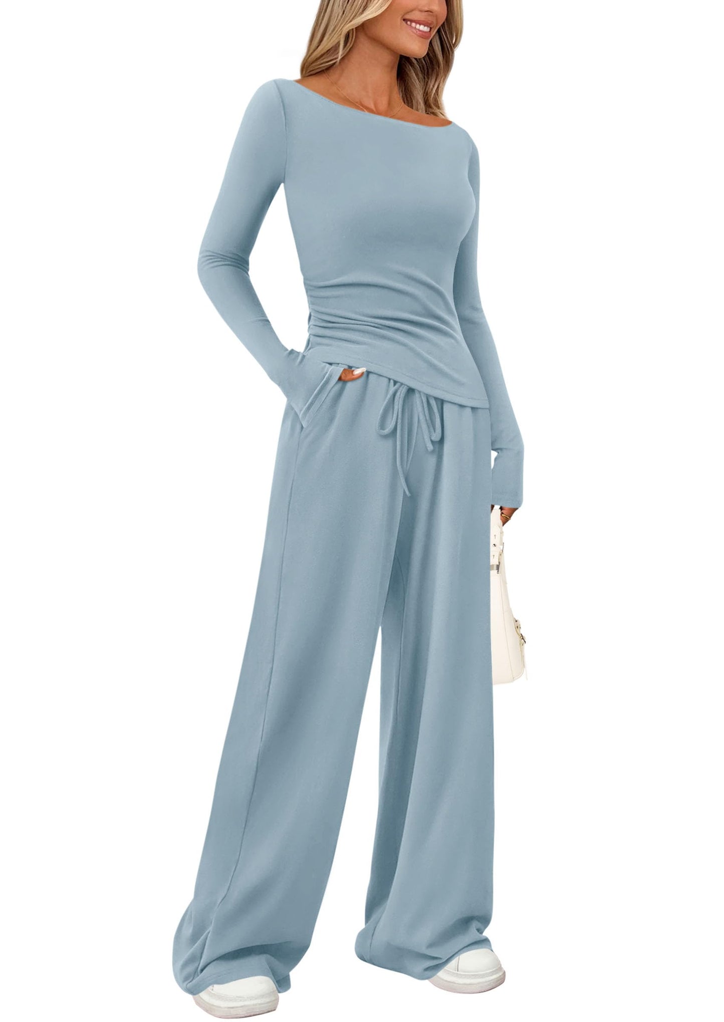PRETTYGARDEN Women's 2 Piece Lounge Sets Asymmetrical Long Sleeve T Shirt Wide Leg Pants Casual Outfits Tracksuit