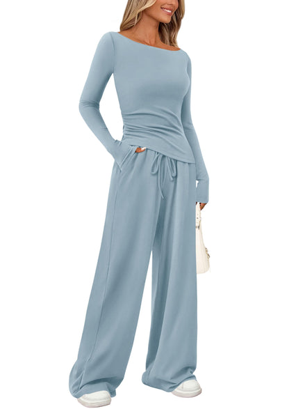 PRETTYGARDEN Women's 2 Piece Lounge Sets Asymmetrical Long Sleeve T Shirt Wide Leg Pants Casual Outfits Tracksuit