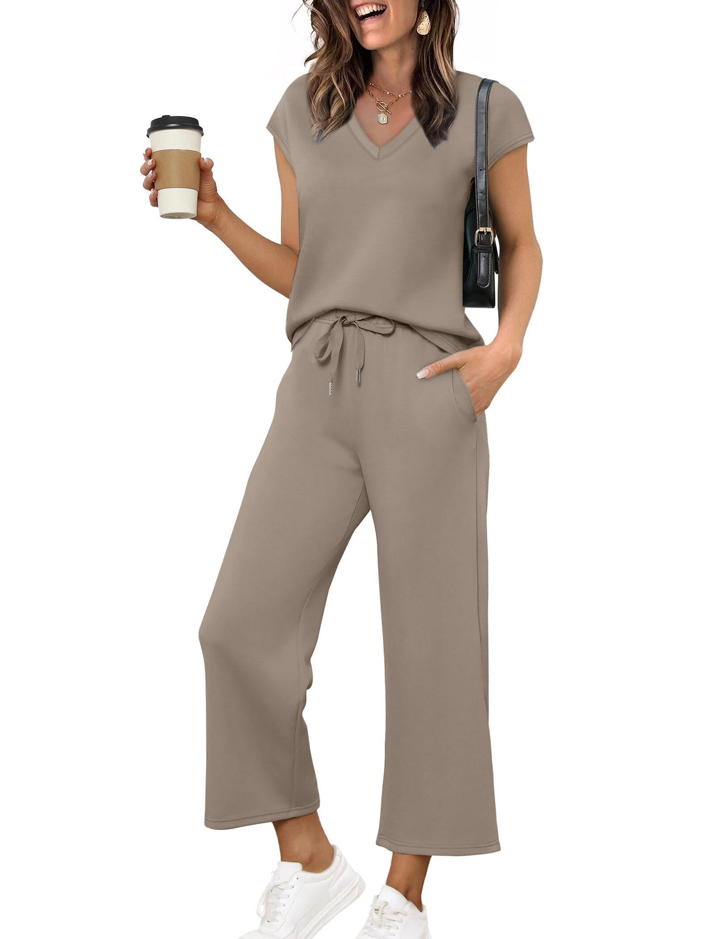 Saloogoe Two Piece Sets for Women Summer Outfits Lounge Sets V Neck Tops Wide Leg Pants Woman Vacation Travel Outfits