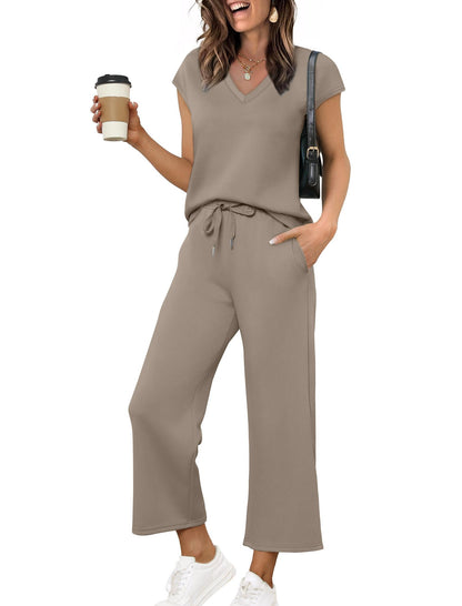 Saloogoe Two Piece Sets for Women Summer Outfits Lounge Sets V Neck Tops Wide Leg Pants Woman Vacation Travel Outfits