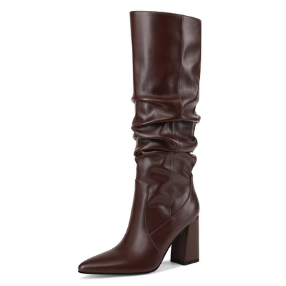 Women's Knee High Boots Slouch Pointed Toe Tall Block Heel Boots Pull On Fall Boots for Women