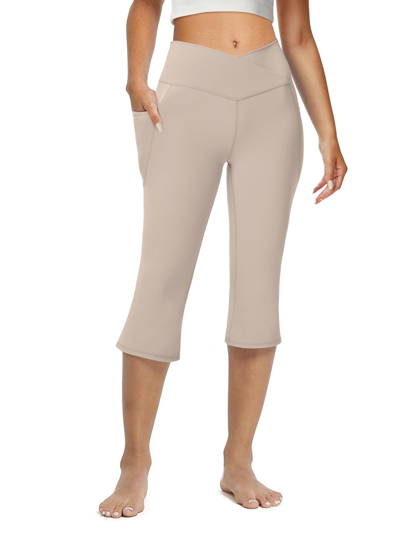 Women's Flare Leggings with Pockets-Crossover High Waisted Bootcut Yoga Pants-Tummy Control Bell Bottom Leggings