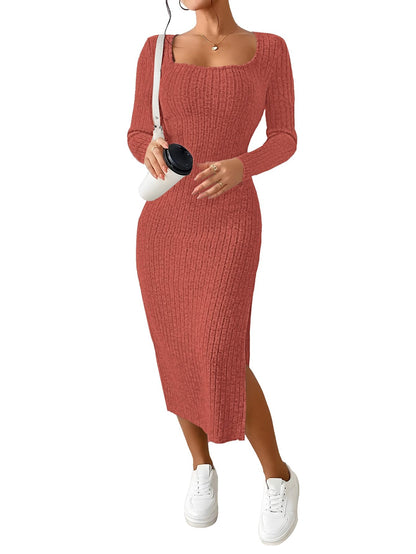 ETCYY NEW Womens Fall Dresses Square Neck Knitted Elastic Basic Winter Bodycon Versatile Slit Dress