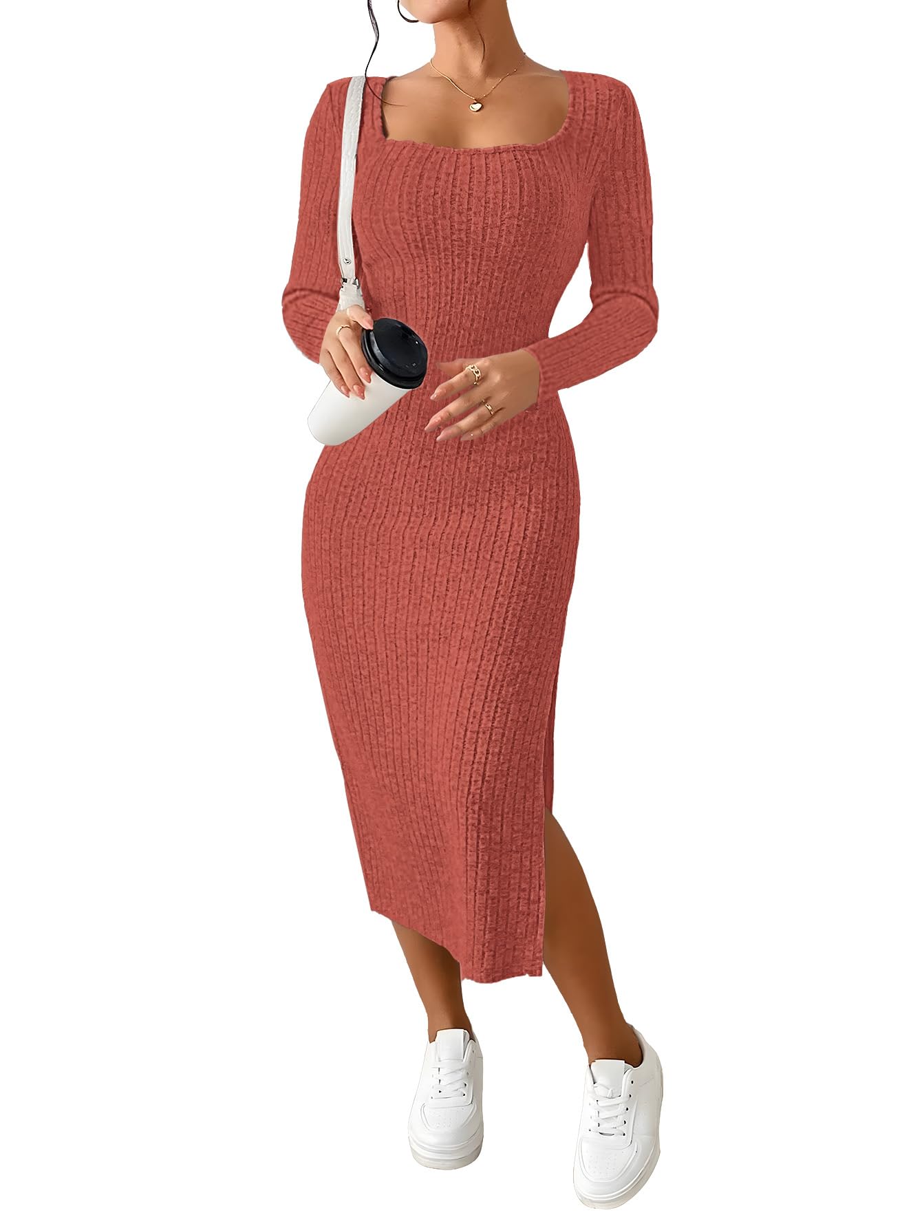 ETCYY NEW Womens Fall Dresses Square Neck Knitted Elastic Basic Winter Bodycon Versatile Slit Dress