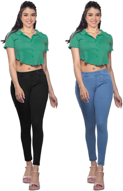 Lyra Cotton Knitted Women's Jeggings with Pockets | Comfortable Stylish Casual Pant | Trendy Slim-Fit Trousers - Pack of 2