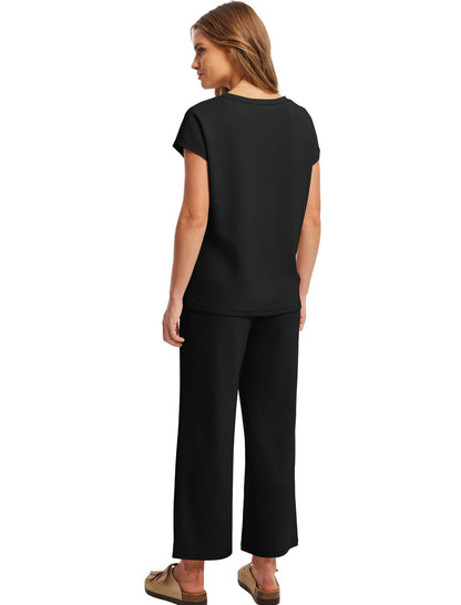 Saloogoe Two Piece Sets for Women Summer Outfits Lounge Sets V Neck Tops Wide Leg Pants Woman Vacation Travel Outfits