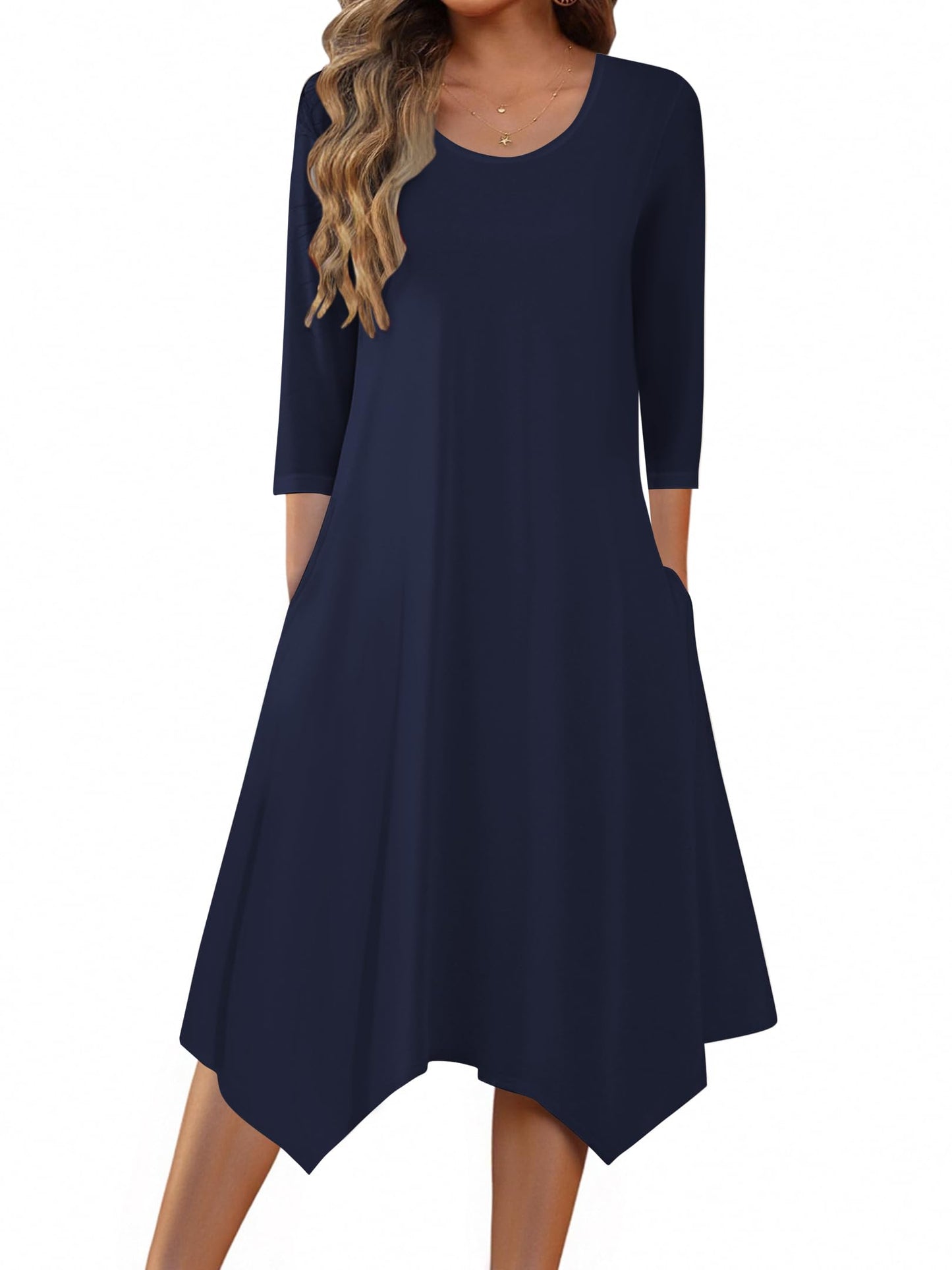 Zeagoo Midi Women 3/4 Sleeve Dress Casual Dresses with Pockets 2025 Fall A Line Dress Elegant Formal Modest Dresses