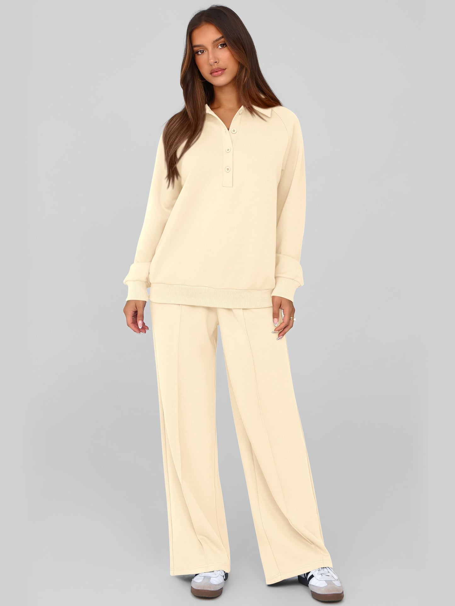 PRETTYGARDEN Women Fall 2 Piece Outfits Sweatsuits Quarter Button Long Sleeve Sweatshirt Wide Leg Pants Tracksuit Lounge Sets