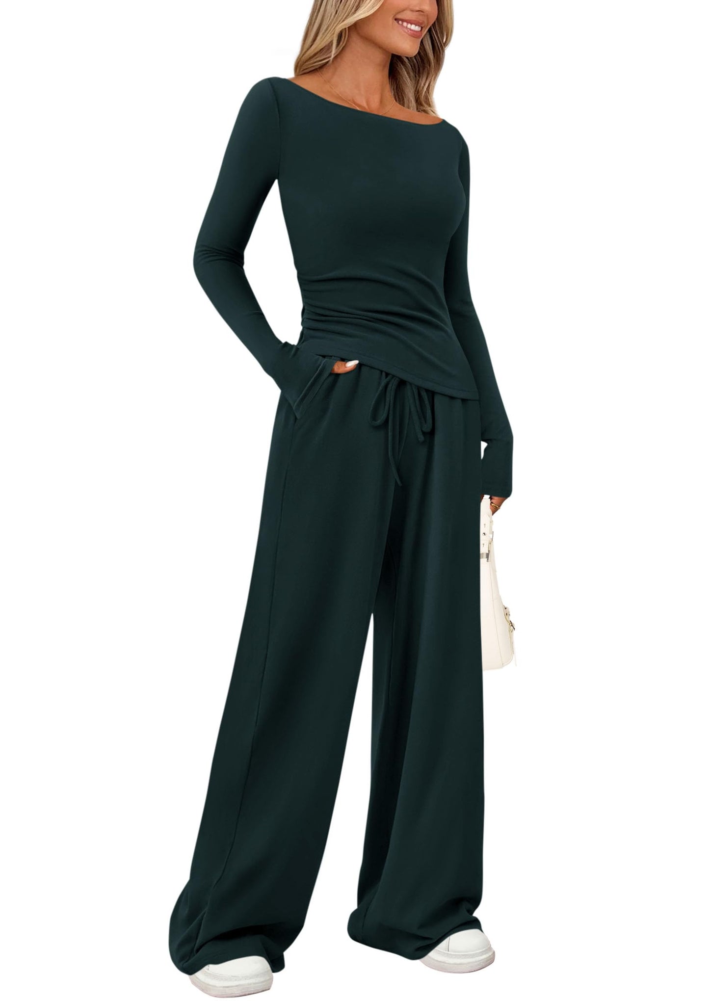 PRETTYGARDEN Women's 2 Piece Lounge Sets Asymmetrical Long Sleeve T Shirt Wide Leg Pants Casual Outfits Tracksuit