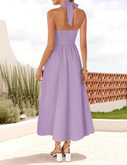 ZESICA Women's Summer Sleeveless Halter Midi Dress 2025 Off Shoulder High Waist Swing Flowy Beach Long Dresses