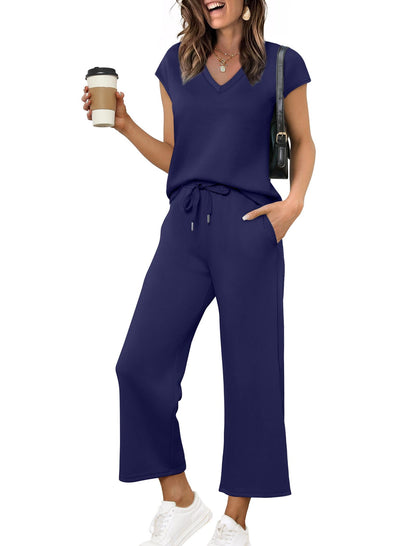 Saloogoe Two Piece Sets for Women Summer Outfits Lounge Sets V Neck Tops Wide Leg Pants Woman Vacation Travel Outfits