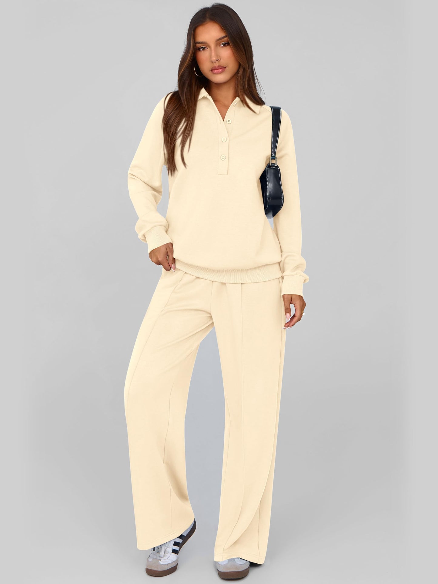 PRETTYGARDEN Women Fall 2 Piece Outfits Sweatsuits Quarter Button Long Sleeve Sweatshirt Wide Leg Pants Tracksuit Lounge Sets