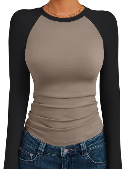 Trendy Queen Women's Long Sleeve Shirts Slim Fit Stretchy Color Block Slightly Cropped Tops