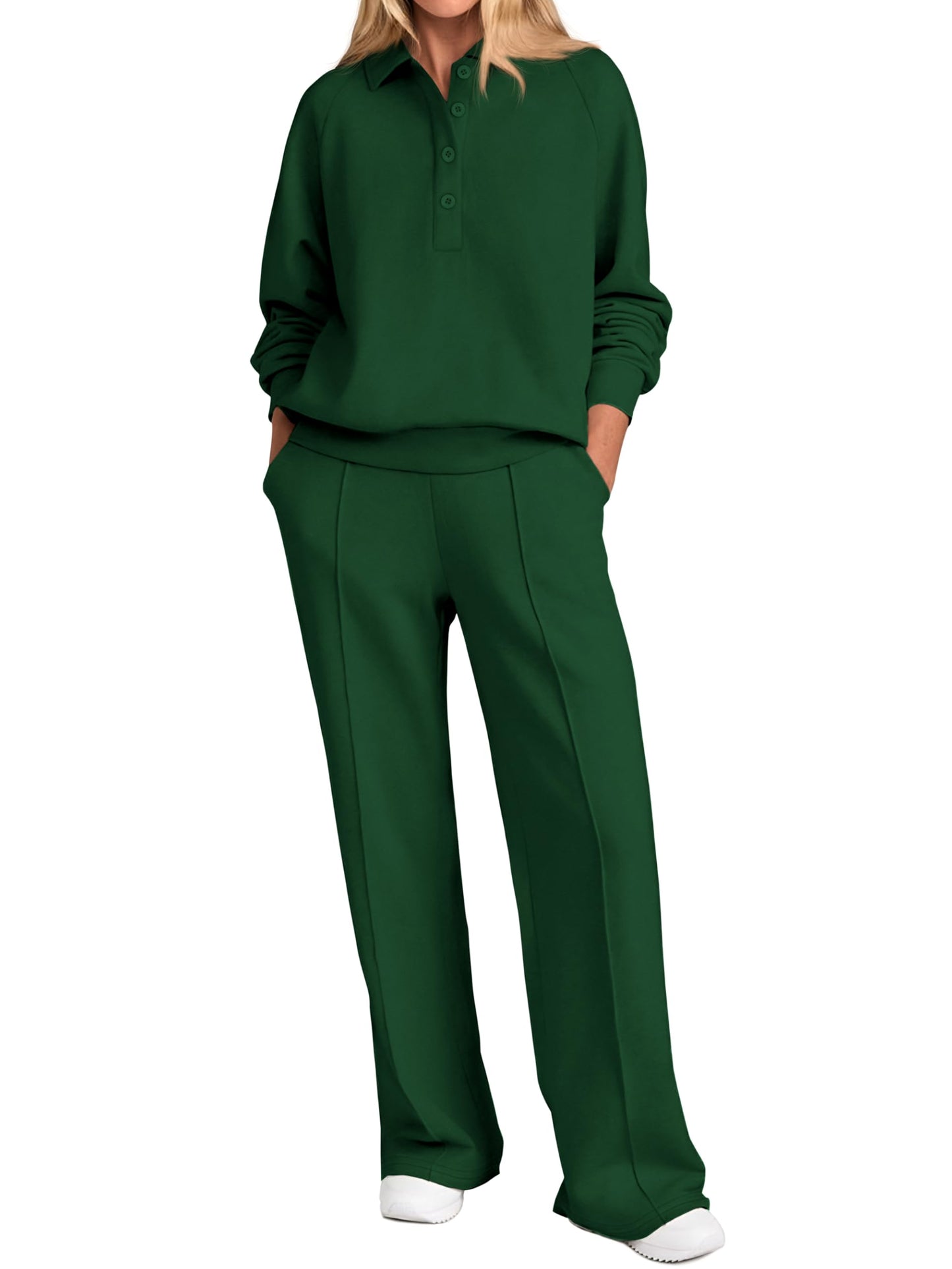 PRETTYGARDEN Women Fall 2 Piece Outfits Sweatsuits Quarter Button Long Sleeve Sweatshirt Wide Leg Pants Tracksuit Lounge Sets