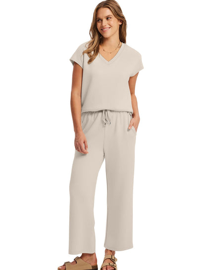 Saloogoe Two Piece Sets for Women Summer Outfits Lounge Sets V Neck Tops Wide Leg Pants Woman Vacation Travel Outfits