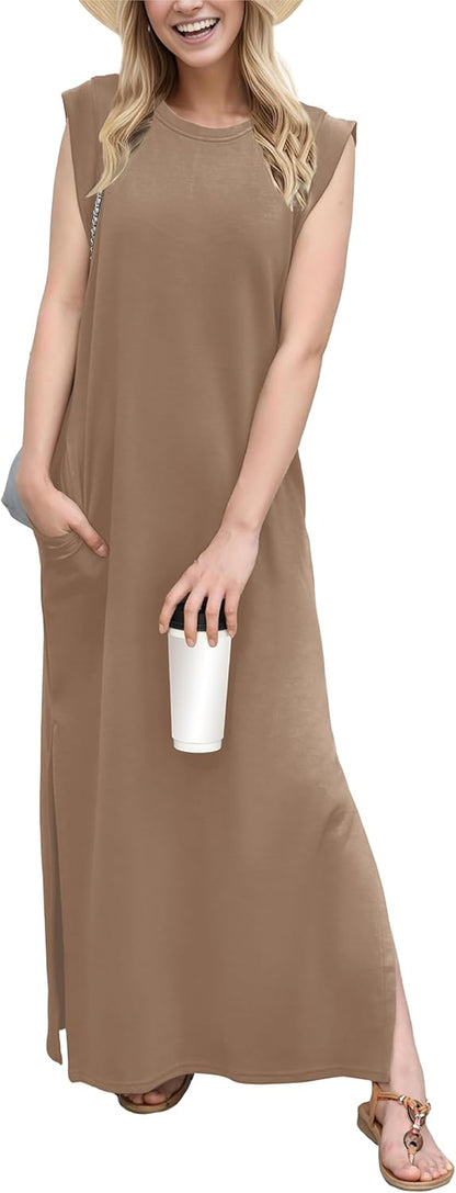 GRECERELLE 2025 Women Year-Round Casual Round Neck Loose Split Wrinkle-Free Long Maxi Vacation Dress with Pockets (XS-3XL)