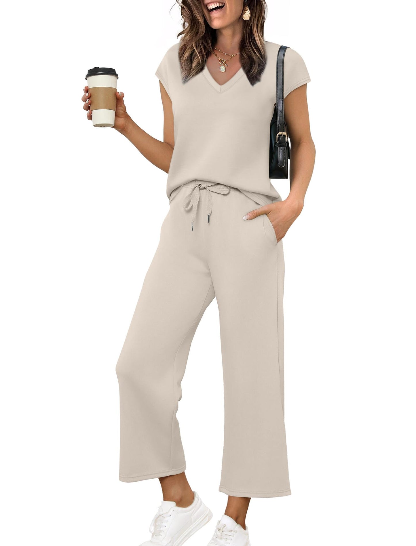 Saloogoe Two Piece Sets for Women Summer Outfits Lounge Sets V Neck Tops Wide Leg Pants Woman Vacation Travel Outfits
