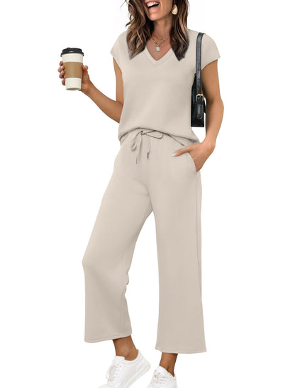 Saloogoe Two Piece Sets for Women Summer Outfits Lounge Sets V Neck Tops Wide Leg Pants Woman Vacation Travel Outfits