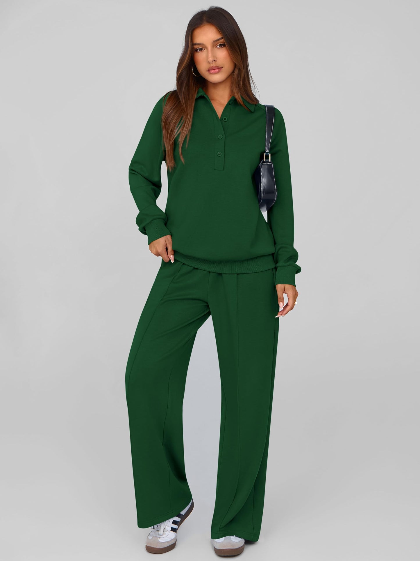 PRETTYGARDEN Women Fall 2 Piece Outfits Sweatsuits Quarter Button Long Sleeve Sweatshirt Wide Leg Pants Tracksuit Lounge Sets