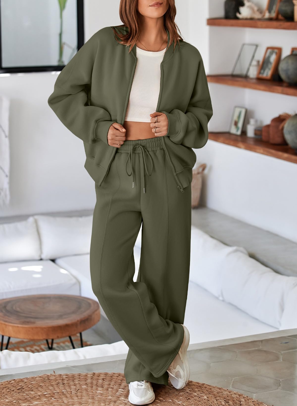 Aleumdr Women's 2 Piece Outfits Oversized Fleece Sweatsuit Zip Up Long Sleeve Sweatshirt with Wide Leg Sweatpants