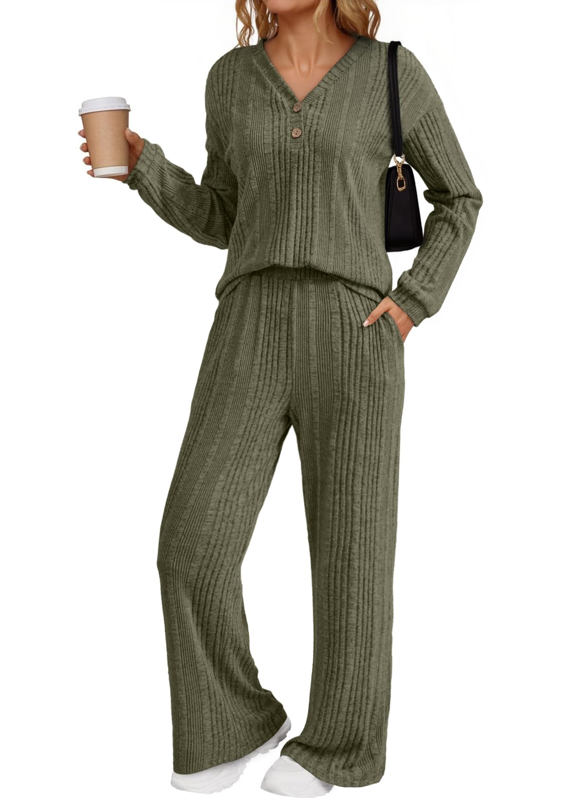 Dokotoo 2 Piece Lounge Sets for Women Ribbed Knit Button V Neck Long Sleeve Tops Matching Pants Pajamas Set 2025 Fall Outfits