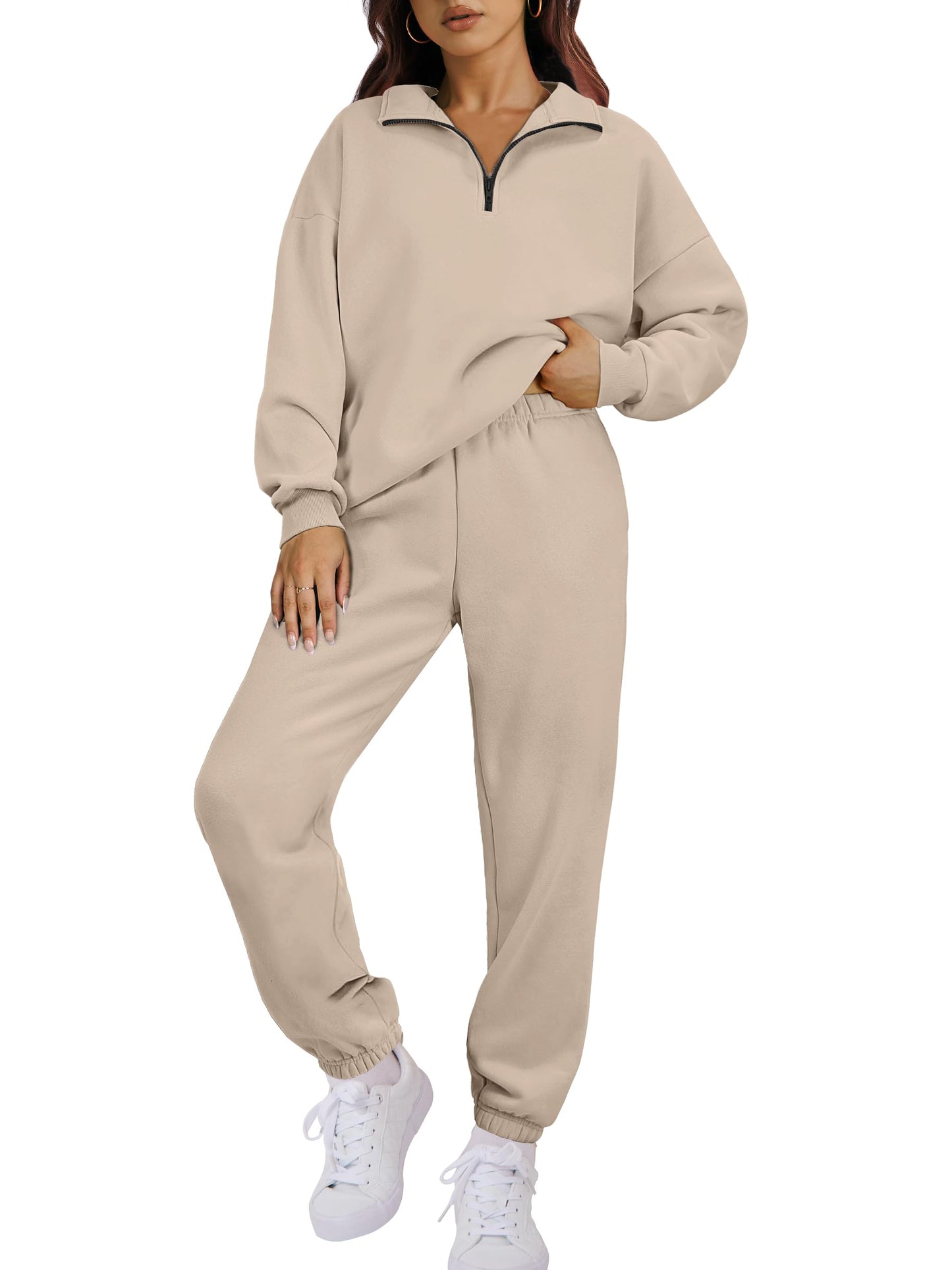 ANRABESS Women 2 Piece Outfits Sweatsuit Oversized Half Zip Sweatshirt Jogger Sweatpants Tracksuit Lounge Set 2025 Clothes