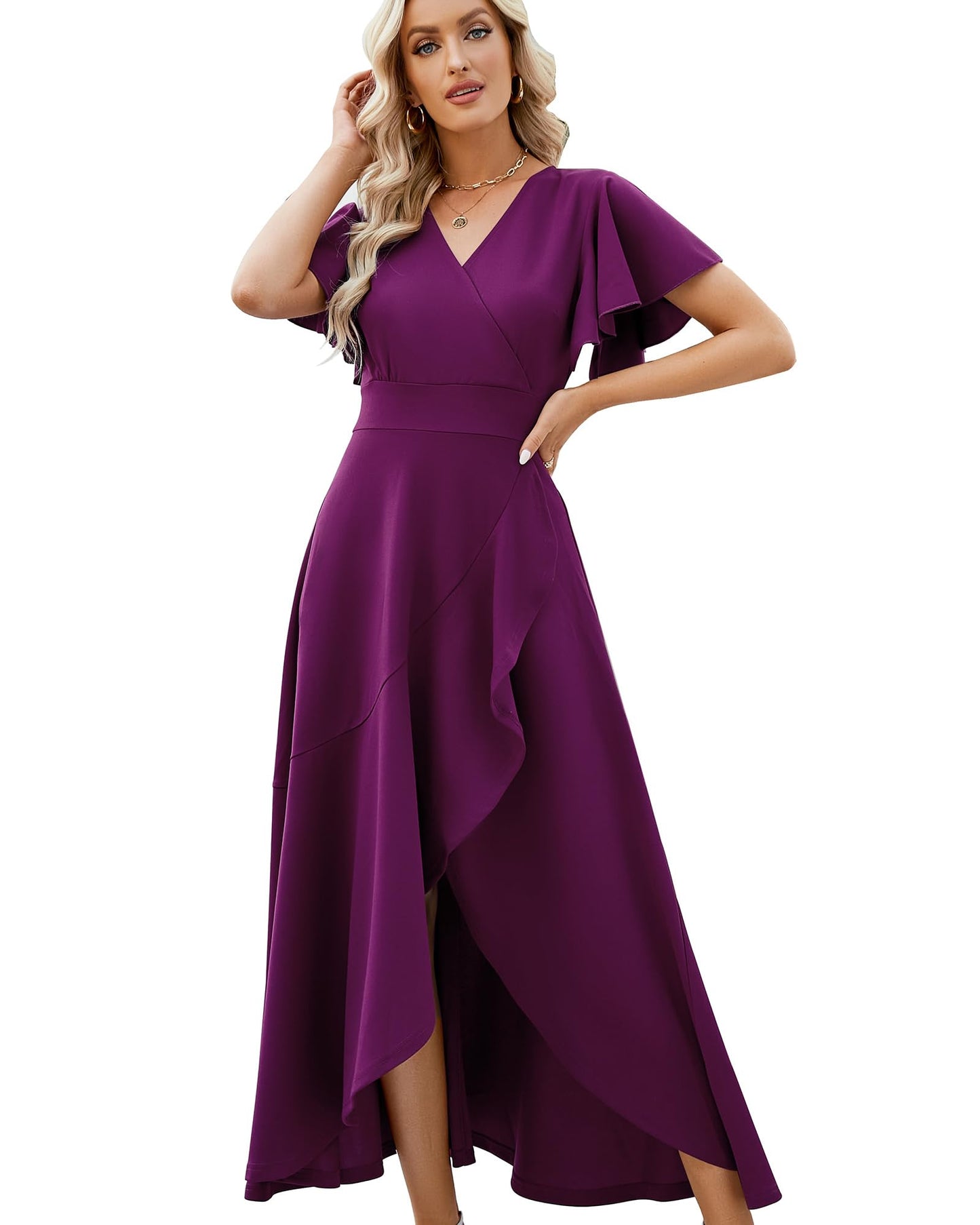 Long Black Formal Dresses for Women Gowns Evening Party Cocktail Dress,Split Elegant V Neck Wrap Ruffle Wedding Guest Dresses