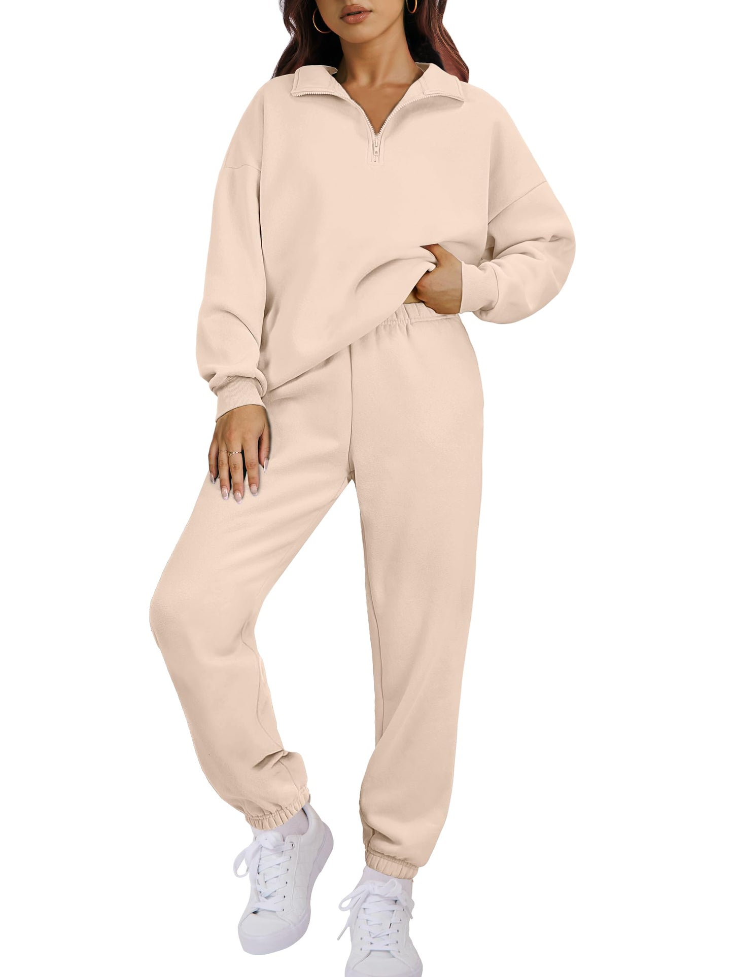 ANRABESS Women 2 Piece Outfits Sweatsuit Oversized Half Zip Sweatshirt Jogger Sweatpants Tracksuit Lounge Set 2025 Clothes