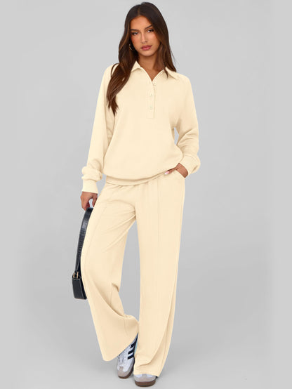 PRETTYGARDEN Women Fall 2 Piece Outfits Sweatsuits Quarter Button Long Sleeve Sweatshirt Wide Leg Pants Tracksuit Lounge Sets