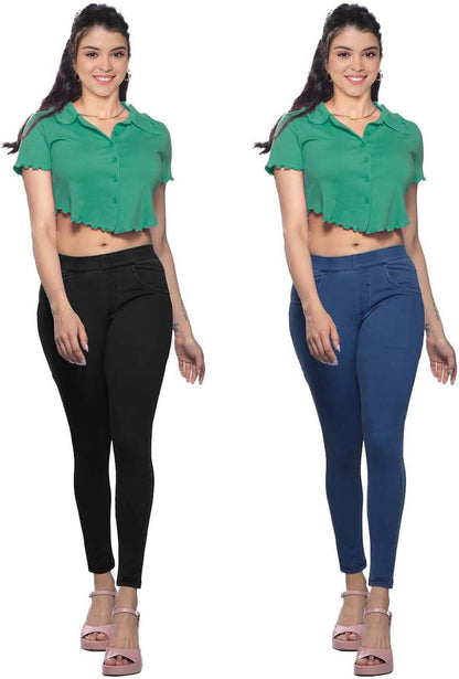 Lyra Cotton Knitted Women's Jeggings with Pockets | Comfortable Stylish Casual Pant | Trendy Slim-Fit Trousers - Pack of 2