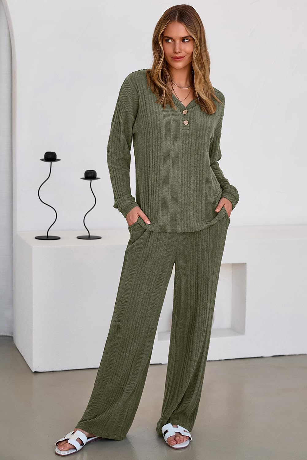 Dokotoo 2 Piece Lounge Sets for Women Ribbed Knit Button V Neck Long Sleeve Tops Matching Pants Pajamas Set 2025 Fall Outfits