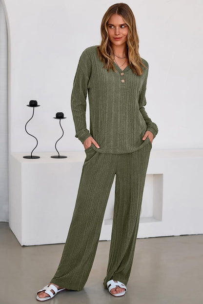 Dokotoo 2 Piece Lounge Sets for Women Ribbed Knit Button V Neck Long Sleeve Tops Matching Pants Pajamas Set 2025 Fall Outfits