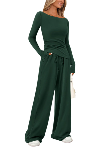PRETTYGARDEN Women's 2 Piece Lounge Sets Asymmetrical Long Sleeve T Shirt Wide Leg Pants Casual Outfits Tracksuit