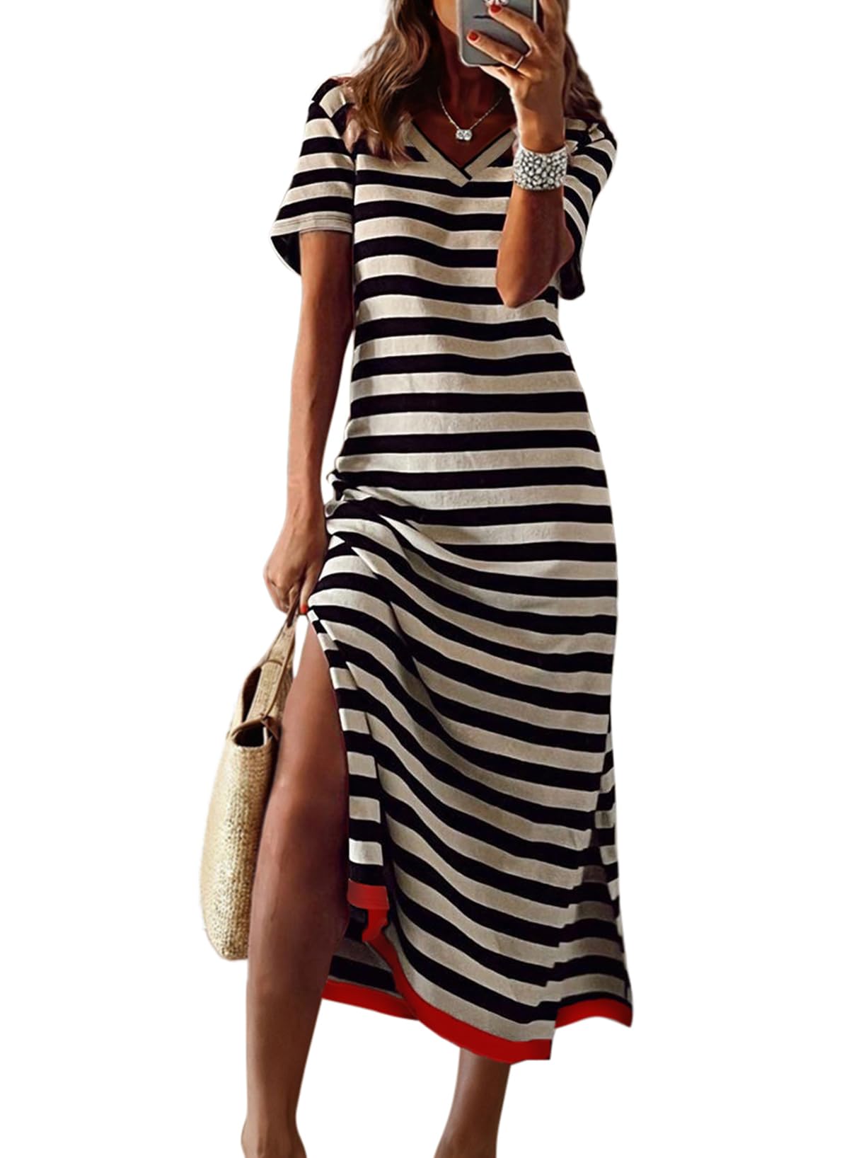Dokotoo Summer Dress Casual Womens Fashion Short Sleeve Maxi Dress T Shirt Dress Striped Long Color Block Maxi Dress