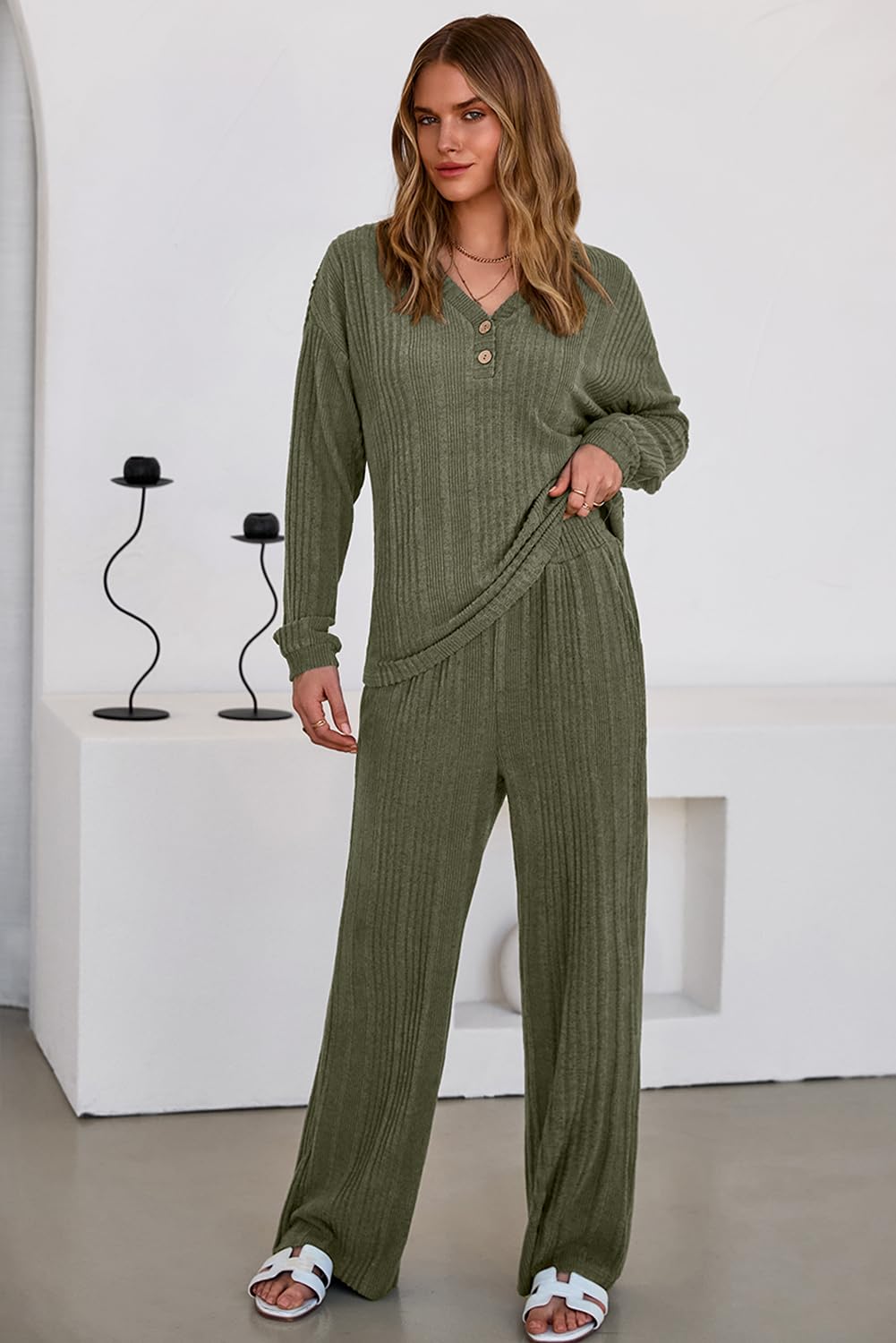 Dokotoo 2 Piece Lounge Sets for Women Ribbed Knit Button V Neck Long Sleeve Tops Matching Pants Pajamas Set 2025 Fall Outfits